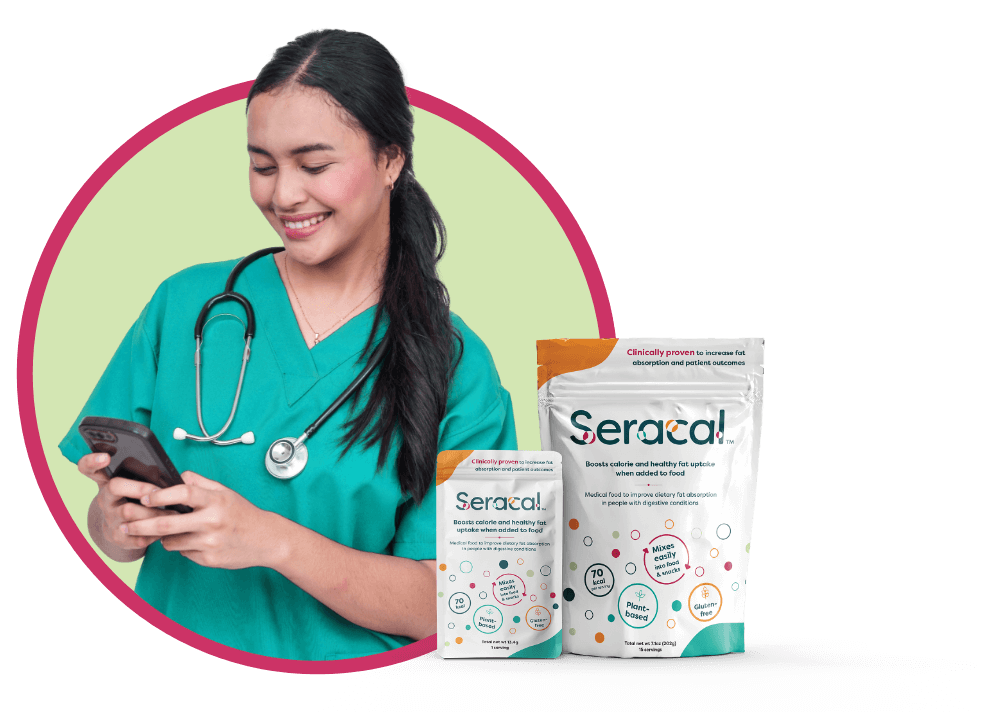 nurse smiling and checking something on her phone. Seracal product near her