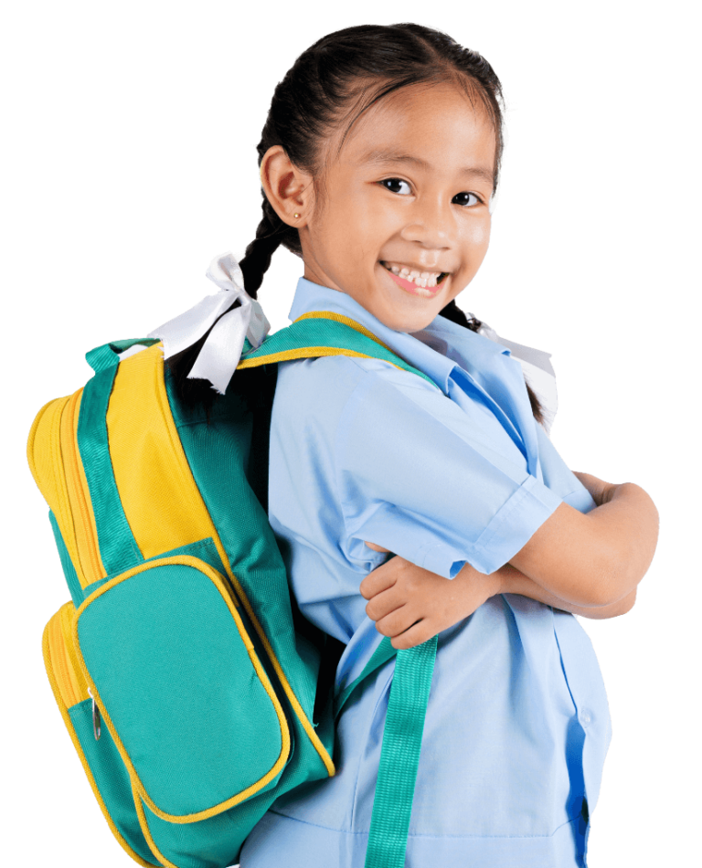 A cheerful young girl with a colorful backpack, poised and excited for her day ahead.