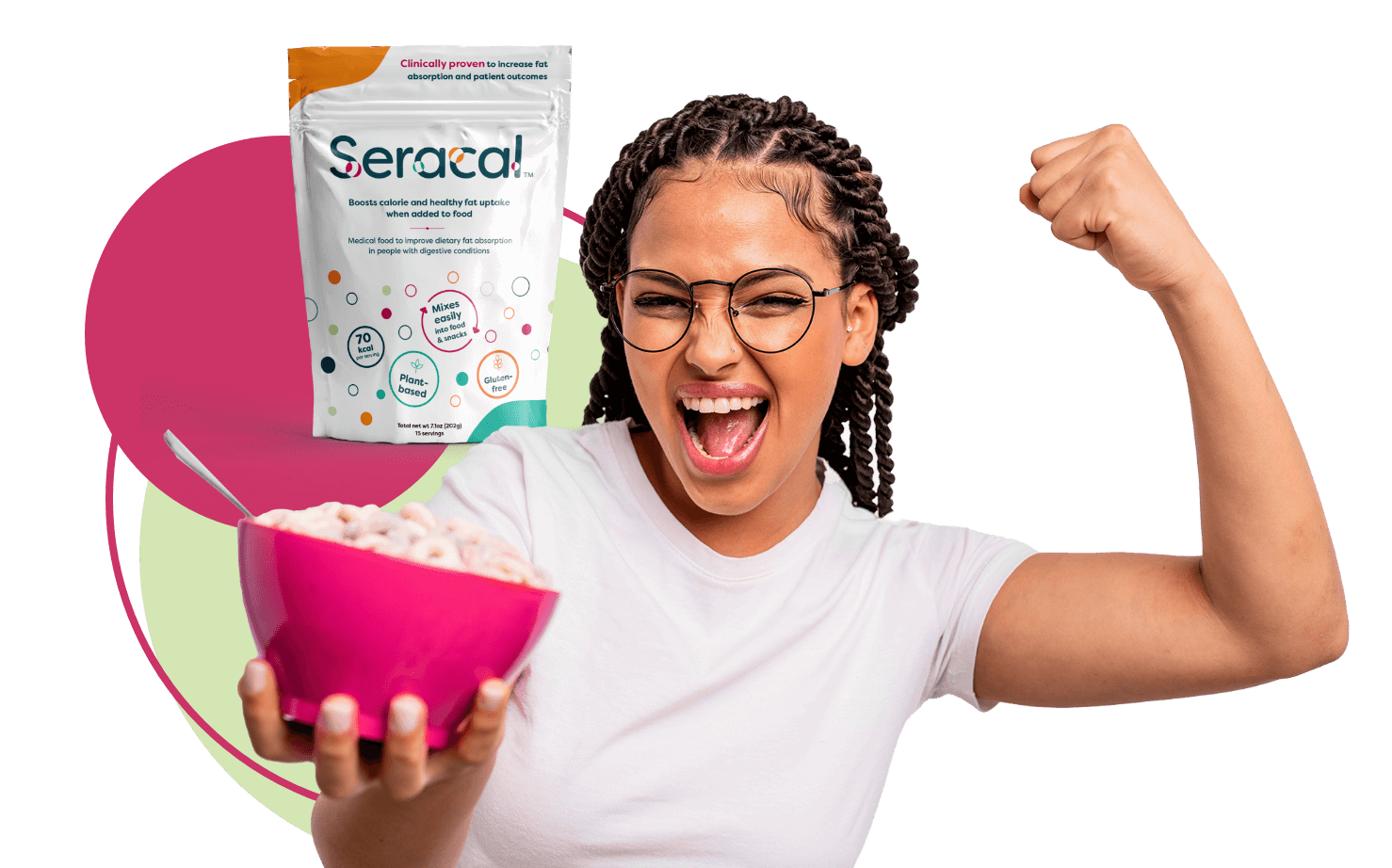 An excited woman with a bowl of snacks. Seracal product in the background