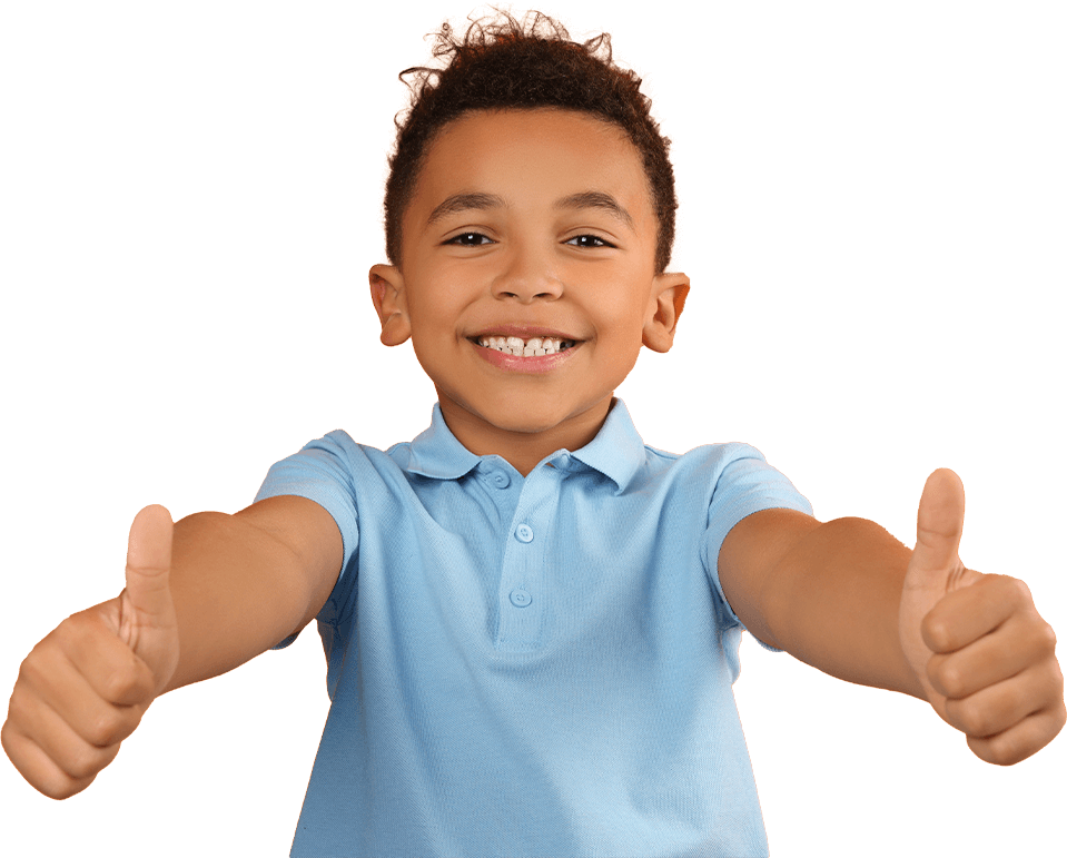 boy smiling and shows thumbs up