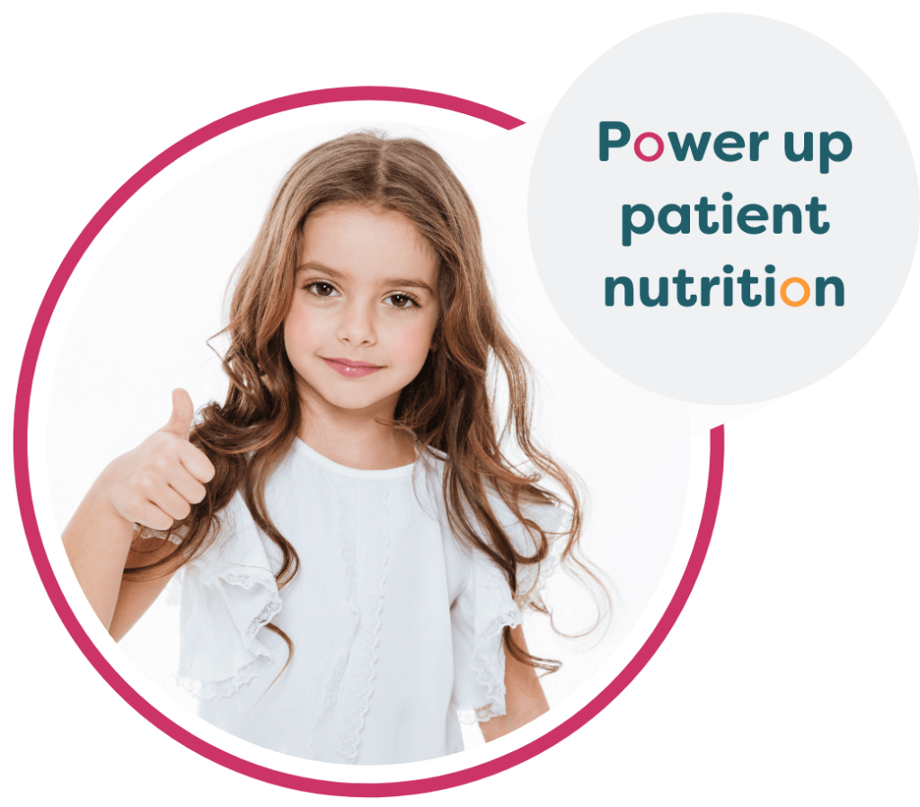 A young girl smiling and giving a thumbs up, with the phrase "Power Up Patient Nutrition" near her